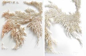 Mylinh Nguyen, sculptrice, 2022, « Courant brûlé », argile synthétique, dimensions 39 x 22 cm. Inspirée d’un souvenir de plage du Finistère en hiver, la série Courants Contraires invente un mouvement qui suggère des forces contradictoires pouvant, parfois, se rejoindre vers une destination commune à la manière des courants d’eau vive.