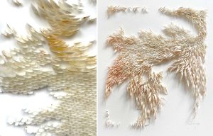 Mylinh Nguyen, sculptrice, 2025, « Coquillages », loripes orbiculatus, dimensions 30 x 22cm  // 2022, « Courant brûlé », argile synthétique, dimensions 39 x 22 cm. 