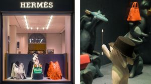 Janvier 2018 – Hermès – Maison de jeux – Décor de vitrines, réseau des boutiques Hermès en Suisse. Soline d’Aboville créé un décor autour du monde de la magie avec un second niveau de lecture empli d’espièglerie et de dérision. 