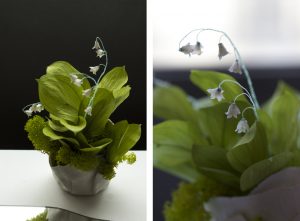 Bouquet de bonheur, 2017. Jardin messager dans la vitrine du musée des Arts Decoratifs à Paris pour l’exposition Christian Dior, 2017. Artiste Upcycling.