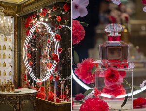 William Amor, upcycling artist, création florale pour le lancement du parfum Mon Guerlain, Bloom of Rose, mars 2020. Vitrines de la boutique Guerlain du 68, Champs-Elysées. William Amor rend hommage à la rose par la sublimation et l’ennoblissement de sacs et bouteilles plastique, de filets de pêche et cordages, capsules de café. 