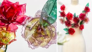 William Amor, upcycling artist, BALMAIN ROSES GARDEN, Création de 2 parures sculptures ornementées pour 2 looks de la collection P.A.P Printemps/Eté 2024 d’olivier ROUSTEING. Ennoblissement de déchets bouteilles plastique & bouteilles d’huile errantes, filet de pêche échoués – Montage sur laiton sculpté, Paris, septembre 2023.