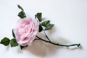 William Amor, upcycling artist, création de « Roses flower brooch » pour le dernier défilé de Demna Gvasalia au sein de la Maison Balenciaga, juillet 2025, Paris. Dans son atelier, William Amor a façonné chaque élément : pédoncules et feuilles issus d’essuie-tout usagés, sont délicatement peints à la main dans une déclinaison subtile de vert pour imiter les vraies feuilles – un clin d’œil au trompe-l’œil cher à Demna.